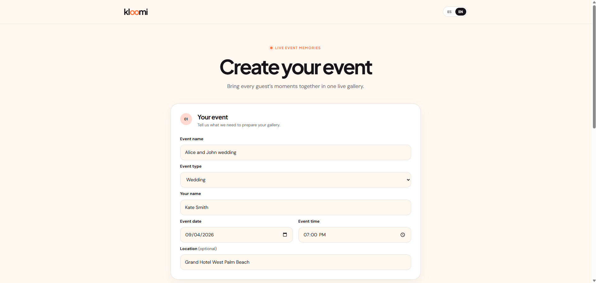 Formulario de creación de evento en Kloomi